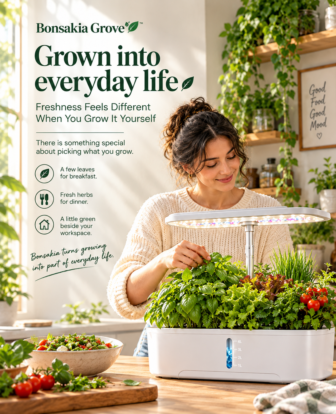 Woman cutting fresh basil in a bright kitchen